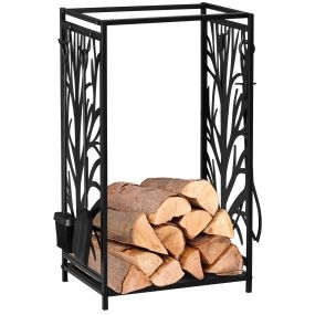 Estante para leña con 4 herramientas para chimenea interior y exterior 46x30x70 cm negro