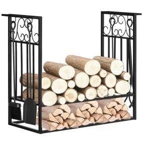 Estante para Leña de Chimenea 75x30x60 cm Soporte para Leña Tradicional Portaleña de Diseño Vintage con 4 Herramientas Base Elevada Carga Máx. 100 kg Acero para Interior y Exterior Negro