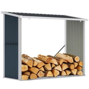 Casetilla para Leña Acero Galvanizado Cobertizo Leñero de Almacenamiento de Troncos con Techo Inclinado para Jardín Terraza Exterior 185x84x133,5/148,5 cm Gris