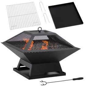 Brasero exterior de acero 45x45x34 cm negro con protector de chispas y atizador