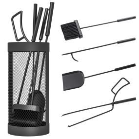 Juego de 5 utensilios para chimenea de metal negro con soporte Ø16x33,5 cm