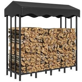 Soporte para Leña con Cubierta 143x70x145 cm Leñera de Exterior Estante de Leña de Metal con Estructura Reforzada Impermeable Carga 1200 kg para Interior y Exterior Negro