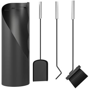 Juego Utensilios Chimenea de 4 Piezas, Juego de Accesorios para Chimenea de Metal con Escoba, Pala, Atizador y Cubo, 20x20x65 cm, Negro y Plateado