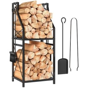 Estante de leña metálico para chimenea de 2 niveles con 4 herramientas, 34x30x80 cm, negro