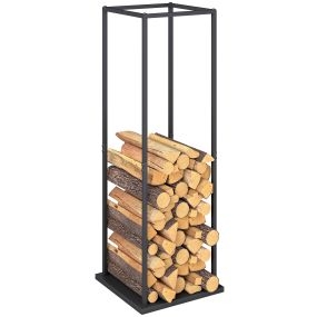 Estante de leña metálico con base elevada para interior y exterior, negro, 33x33x110 cm