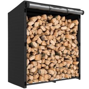 Estante de Leña Metálico, Carga 300 kg, Leñero Exterior con Cubierta Impermeable 600D, Marco de Acero, Soporte para Leña de Chimenea, para Jardín, Terraza, 140x70x154 cm