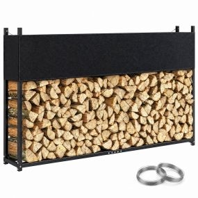Estante de Leña con Funda 600D y Cables, Leñero Exterior de Acero Galvanizado Robusto, Carga 500 kg, para Interior y Exterior, Jardín, Terraza, 202x25x113 cm, Negro