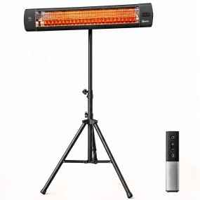 Calefactor por Infrarrojos para Terraza 2500 W, Estufa Exterior Eléctrica de Pie de Aluminio con IP65, Trípode Regulable, 3 Niveles de Calor, Control Táctil/Remoto, Temporizador 24 H