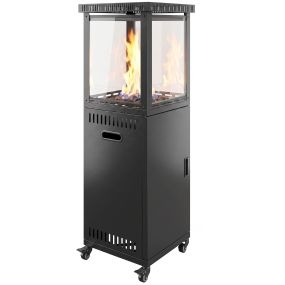 Estufa de gas butano exterior 13 kW con regulación continua, encendido piezoeléctrico, antivuelco, 4 ruedas, vidrio templado y piedras lava, 30 m² negro