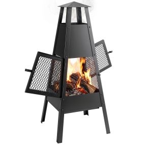 Brasero Exterior con Chimenea Cónica, 41x40,5x97 cm, Brasero Exterior Jardín de Acero al Carbono con Malla Protectora, para Patio, Terraza, Camping, Fiesta, Negro