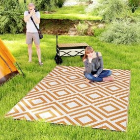 Alfombra de exterior reversible 182x274 cm con patrón geométrico de rombos impermeable rojo y blanco