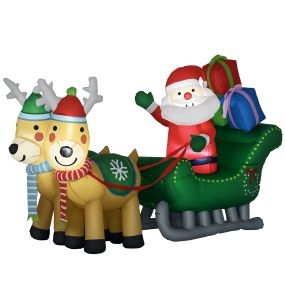 Decoración inflable navideña Papá Noel con trineo y 2 renos con 4 luces LED 210x70x125 cm