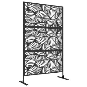 Biombo de exterior de 3 piezas con patrón de hoja grande y marco de acero negro 122x45x198 cm