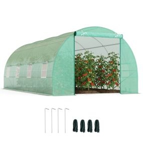 Invernadero túnel 600x300x200 cm con puerta enrollable, 8 ventanas, PE 140 g/m², acero, verde