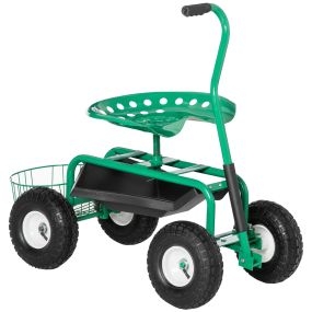 Asiento de jardín con ruedas, giratorio y ajustable, bandeja y cesta, carga 150 kg, verde
