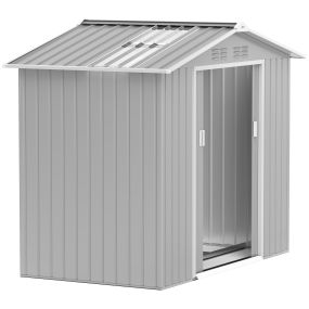 Caseta de jardín exterior metálica 2,5 m² 213x130x185 cm gris plata con 2 puertas correderas, claraboya, base de refuerzo y 4 ventanas, suelo no incluido