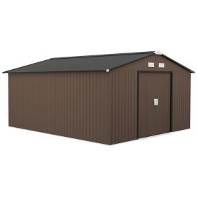 Caseta de jardín exterior metálica 12,4 m² 340x386x200 cm marrón con puertas dobles y ventilación