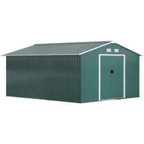 Caseta de jardín exterior metálica 12,4 m² 340x386x200 cm verde con puertas dobles y ventilación