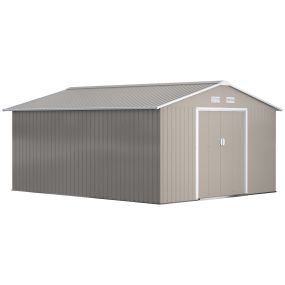 Caseta de jardín exterior metálica 12,4 m² 340x386x200 cm gris claro con puertas dobles y ventilación