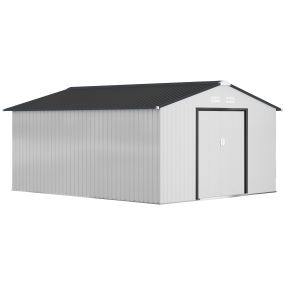 Caseta de jardín exterior metálica 12,4 m² 340x386x200 cm blanca con puertas dobles y ventilación