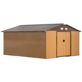 Caseta de jardín exterior metálica 12,4 m² 340x386x200 cm ocre oscuro con puertas dobles y ventilación