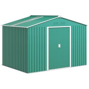 Caseta de jardín exterior metálica 4,9 m² 277x195x192 cm verde con claraboya, puerta corredera y ventilación