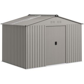 Caseta de jardín exterior metálica 4,9 m² 277x195x192 cm gris plata con claraboya, puerta corredera, ventilación y kit de fundación