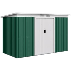 Caseta de jardín exterior 3,2 m² 280x130x172 cm con puerta corredera, techo inclinado y 2 ventanas verde oscuro