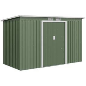 Caseta de jardín exterior metálica 3,2 m² 280x130x172 cm verde con puerta corredera, techo inclinado y 2 ventanas