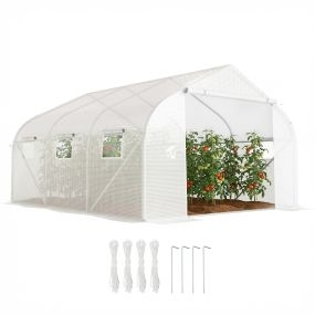 Invernadero de túnel exterior 445x300x205 cm con 6 ventanas y cubierta PE 140 g/m² blanco