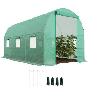 Invernadero de túnel 4x2x2 m con 6 ventanas de malla y puerta enrollable verde