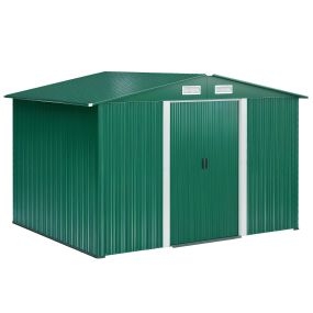 Caseta de jardín exterior 258x206x178 cm 5,3 m² verde con base y puertas correderas