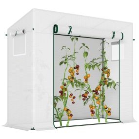 Invernadero pequeño de exterior con 2 ventanas, marco de acero y cubierta de PE 200x76x168 cm blanco