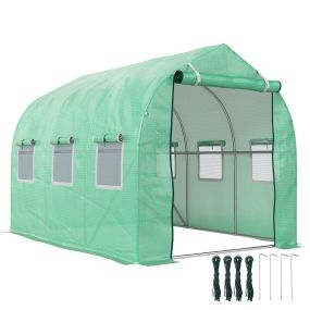 Invernadero túnel exterior 3x2x2 m con 6 ventanas, puerta enrollable, PE 140 g/m², verde