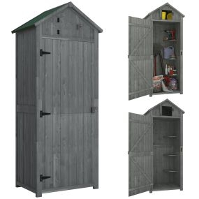 Armario de jardín de madera 77x54,2x179 cm con 3 estantes y 2 puertas gris y verde