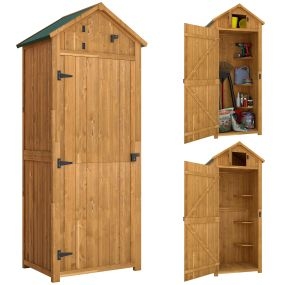Armario de jardín de madera 77x54,2x179 cm, 3 estantes, 2 puertas con cerrojo, natural y verde