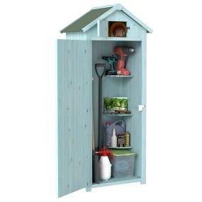 Armario de jardín de madera 77x54,2x179 cm con 3 estantes y 2 puertas con cerrojo azul y verde