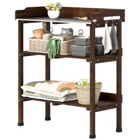 Mesa de plantación de madera de 3 niveles con placa metálica, 2 estantes y ganchos, 76x37x89 cm, carbonizado