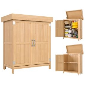Armario de jardín de madera 74x43x88 cm con 2 puertas y techo asfáltico abatible natural