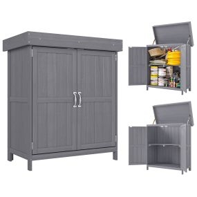 Armario de jardín de madera 74x43x88 cm gris con 2 puertas y techo asfáltico abatible