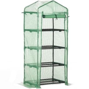 Invernadero exterior pequeño 4 estantes, puerta enrollable, acero, PE anti-UV, 70x50x160 cm, verde