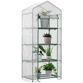 Invernadero de exterior con 4 estantes, puerta enrollable, acero y cubierta PE anti-UV, 70x50x160 cm, blanco