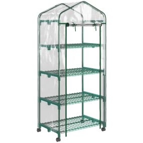 Invernadero exterior 4 estantes con ruedas, puerta enrollable, acero y PVC, 70x50x165 cm, transparente