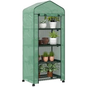 Invernadero exterior 4 estantes con ruedas, puerta enrollable, acero y PE anti-UV, 70x50x165 cm verde