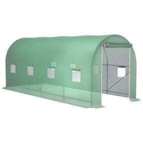 Invernadero túnel 500x200x205 cm con puerta enrollable y 8 ventanas, cubierta PE 140 g/m², verde