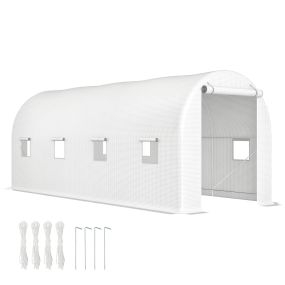 Invernadero túnel 500x200x205 cm con puerta enrollable y 8 ventanas, cubierta PE 140 g/m², marco metal blanco