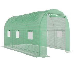 Invernadero túnel 400x200x205 cm con puerta enrollable y 6 ventanas, cubierta PE 140 g/m², verde