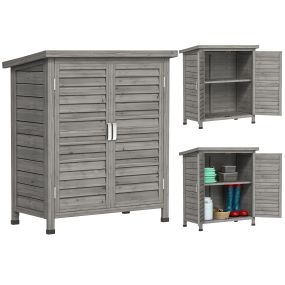 Cobertizo de madera para jardín con 2 estantes, 2 puertas y techo inclinado, gris, 87x46,5x96,5 cm