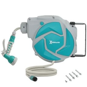 Enrollador de Manguera para Jardín 10+1 m con Boquilla de 7 Funciones, Carrete de Manguera de Jardín de Pared, Giratorio 180°, con Retorno Enrollado Automático, Gris Claro y Verde