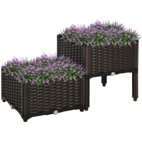 Juego de 2 jardineras de exterior cuadradas imitación mimbre marrón 40x40x26/44 cm